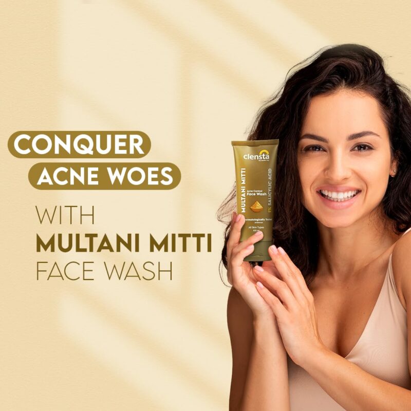 Clensta 1% Salicylic Acid Acne Control Face Wash With Multani Mitti | Gentle Cleanser | Reduce & Prevent Acne for All Skin Types | Dermatologically Tested, ph Balanced, Fragrance Free, 100ml - Image 2