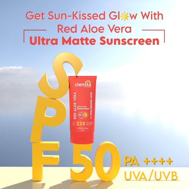 Clensta Red Aloe Vera Ultra Matte SPF 50 Sunscreen With 1% Hyaluronic Acid PA++++ UVA/UVB | All Skin Type | Women & Men | 50g - Image 2