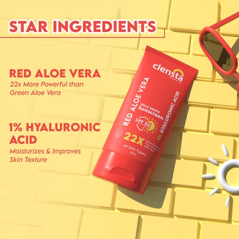 Clensta Red Aloe Vera Ultra Matte SPF 50 Sunscreen With 1% Hyaluronic Acid PA++++ UVA/UVB | All Skin Type | Women & Men | 50g - Image 3