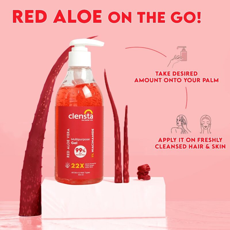 Clensta Red Aloe Vera Gel 22X More Powerful Than Normal Aloe Vera For Skin And Hair With 99% Pure Aloe Vera Gel And 1% Niacinamide | Moisturizing For Women & Men All Skin Type - 300Ml - Image 4