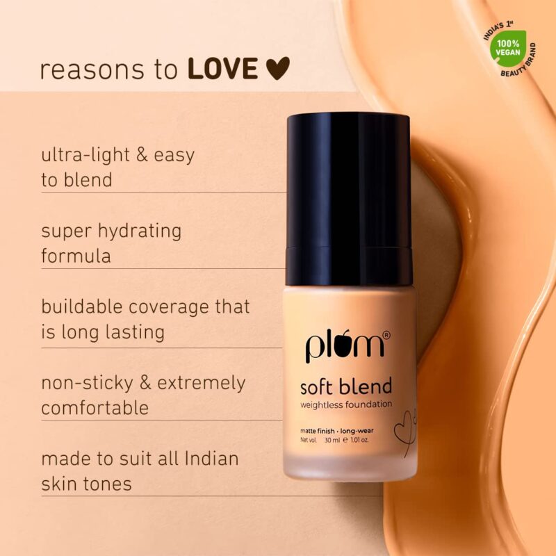 Plum Soft Blend Weightless Foundation | With Hyaluronic Acid | Matte Finish | Super Hydrating | 100% Vegan & Cruelty-Free | Halo Sand - 105P - Image 3