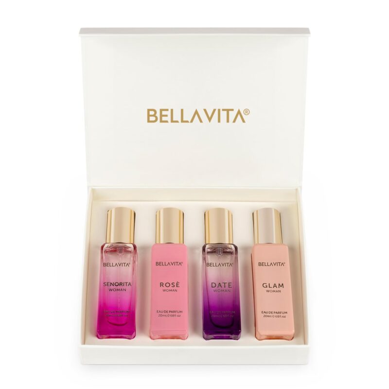 Bella Vita Luxury Long Lasting Perfume Gift Set for Woman | 4x20ml | Gifts for Women | Floral, Fruity, Premium Fragrance Scent | Date, Senorita, Glam, Rose | Mothers Day Gift Hamper for Mom