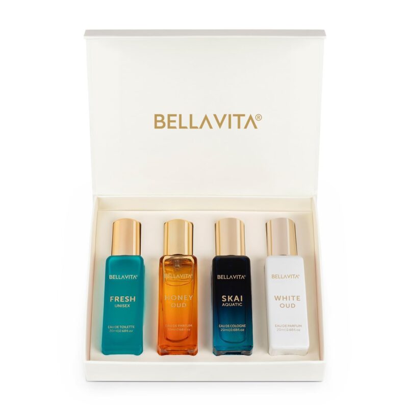 Bella Vita Luxury Long Lasting Unisex Perfume Gift Set | 4x20ml Perfume for Man & Woman | Woody, Aquatic, Sweet, Premium Fragrance Scent | SKAI, FRESH, WHITEOUD, HONEY OUD | Gifts for Men and Women