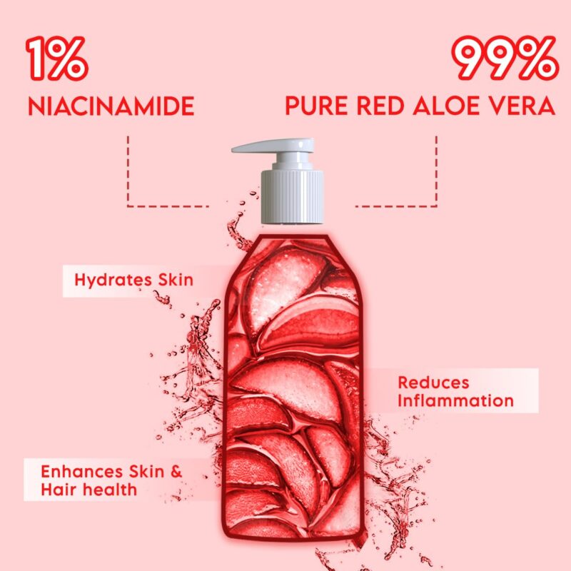Clensta Red Aloe Vera Gel 22X More Powerful Than Normal Aloe Vera For Skin And Hair With 99% Pure Aloe Vera Gel And 1% Niacinamide | Moisturizing For Women & Men All Skin Type - 300Ml - Image 3