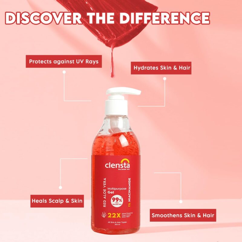Clensta Red Aloe Vera Gel 22X More Powerful Than Normal Aloe Vera For Skin And Hair With 99% Pure Aloe Vera Gel And 1% Niacinamide | Moisturizing For Women & Men All Skin Type - 300Ml - Image 2