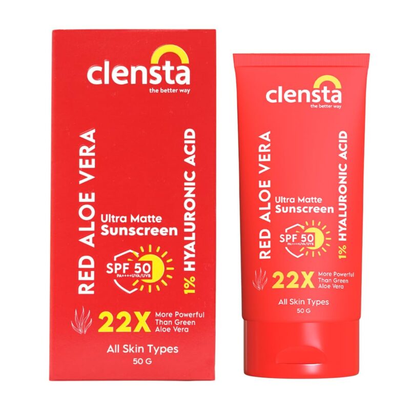 Clensta Red Aloe Vera Ultra Matte SPF 50 Sunscreen With 1% Hyaluronic Acid PA++++ UVA/UVB | All Skin Type | Women & Men | 50g