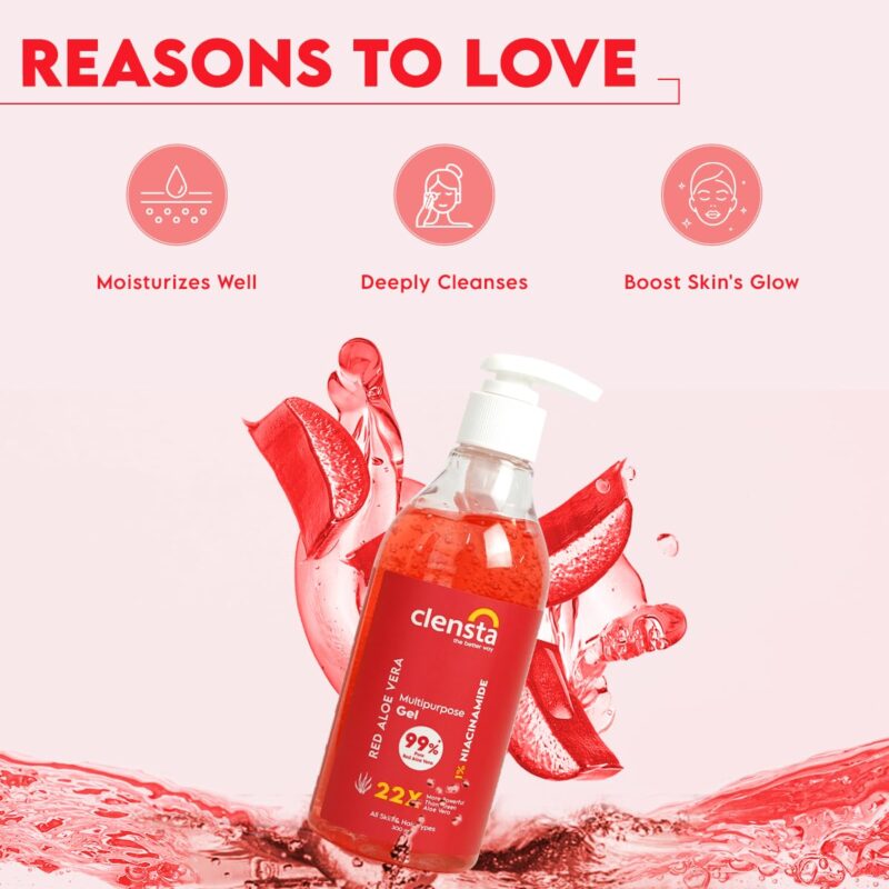 Clensta Red Aloe Vera Gel 22X More Powerful Than Normal Aloe Vera For Skin And Hair With 99% Pure Aloe Vera Gel And 1% Niacinamide | Moisturizing For Women & Men All Skin Type - 300Ml - Image 5