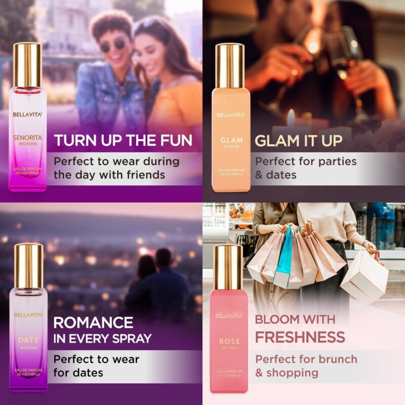 Bella Vita Luxury Long Lasting Perfume Gift Set for Woman | 4x20ml | Gifts for Women | Floral, Fruity, Premium Fragrance Scent | Date, Senorita, Glam, Rose | Mothers Day Gift Hamper for Mom - Image 2