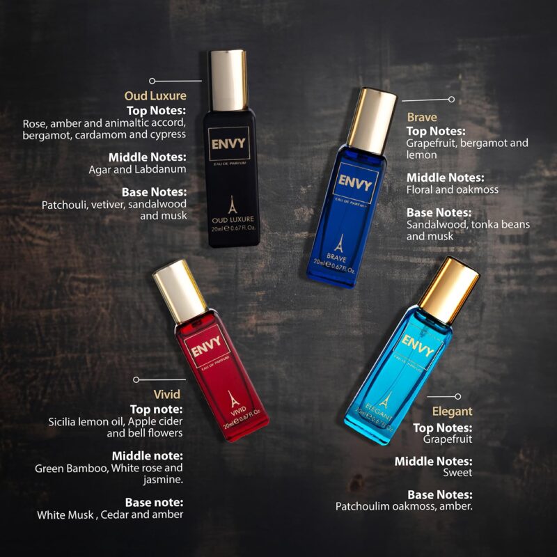 ENVY Gift Set for Men - Oud Luxure, Elegant, Vivid, Embrace - 20ML Each | Long Lasting Luxury Perfume EDP | Perfume Gift Set for Men | Perfume Set for Men Gift Pack | Perfume Gift Set - Image 3