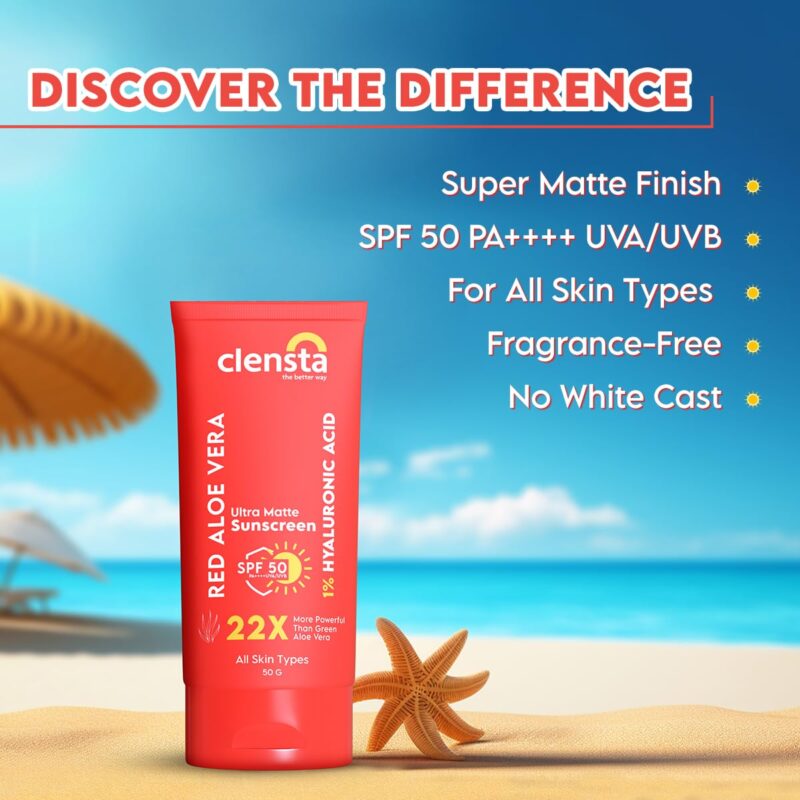 Clensta Red Aloe Vera Ultra Matte SPF 50 Sunscreen With 1% Hyaluronic Acid PA++++ UVA/UVB | All Skin Type | Women & Men | 50g - Image 2
