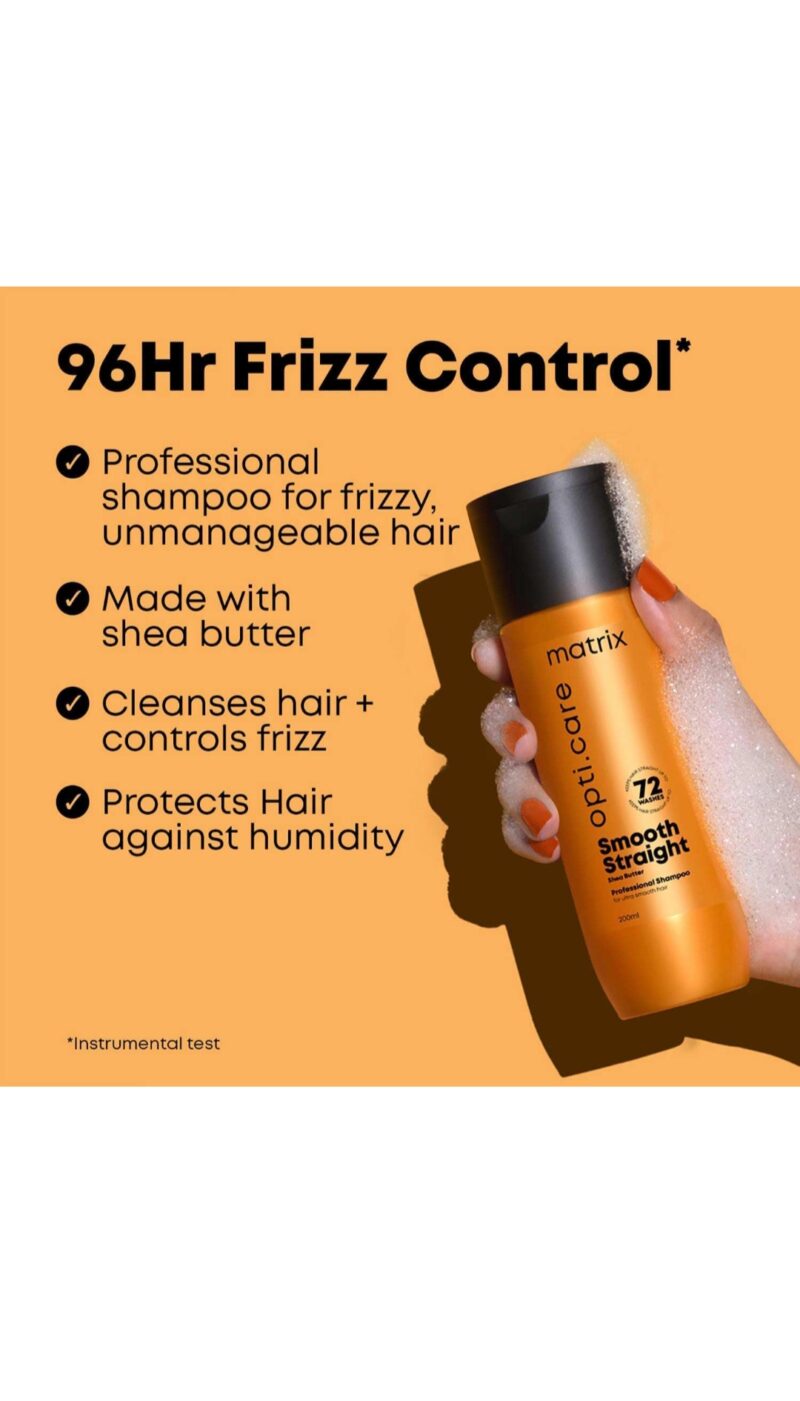 MATRIX Opti.Care Smooth Straight Professional Shampoo for Frizzy, Unmanageable Hair | 96Hr Frizz Control* | Used by 1 Lakh Hairstylists* | with Shea Butter, 200ml - Image 2