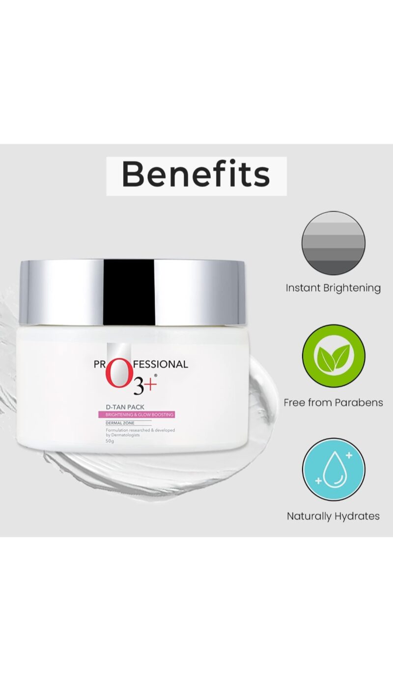 O3+ D-TAN Professional Face Pack for Instant Tan Removal & Glowing Skin with Lactic Acid, Pea Extract & Mint Extract - Ideal for All Skin Types 50g | Detan Pack for Tan Removal for Face and Body - Image 4