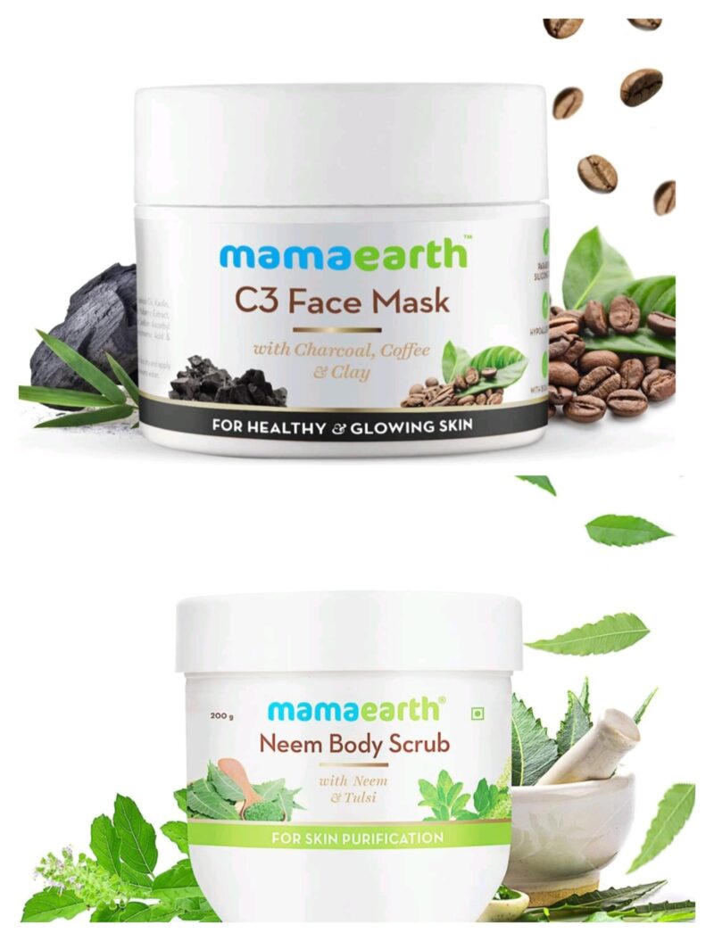 Mamaearth Charcoal, Coffee and Clay Face Mask 100g | Mamaearth Neem Body Scrub with Neem & Tulsi for Skin Purification