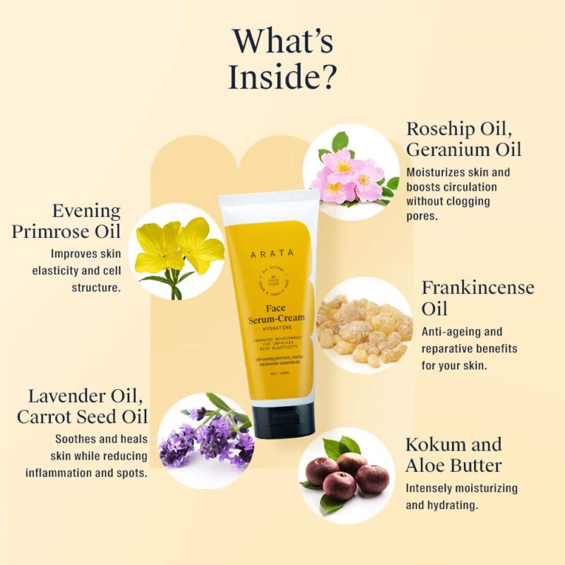 Arata Natural Hydrating Anti-Ageing Face Serum-Cream with evening primrose, rosehip & lavender essential oils for Skin Elasticity for Women & Men || All Natural, Vegan & Cruelty Free (100 ml) - Image 4