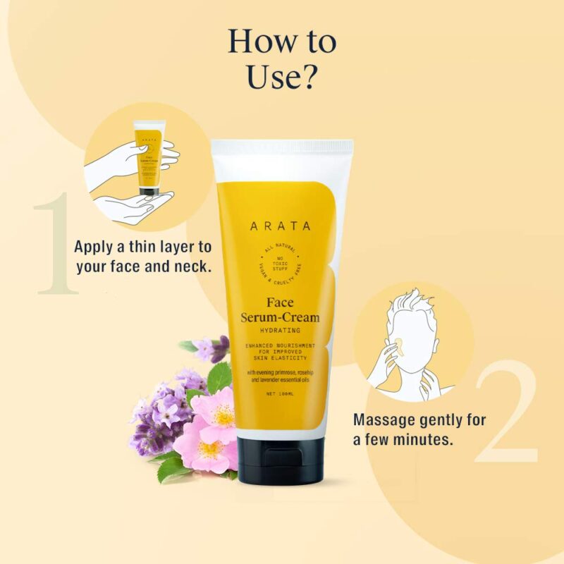 Arata Natural Hydrating Anti-Ageing Face Serum-Cream with evening primrose, rosehip & lavender essential oils for Skin Elasticity for Women & Men || All Natural, Vegan & Cruelty Free (100 ml) - Image 2