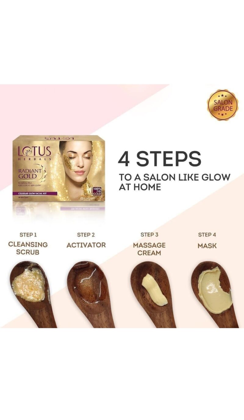 Lotus Herbals Radiant Gold Cellular Glow 1 Facial Kit | With 24K Gold leaves | For Skin Glow | All Skin Types | 37g - Image 7