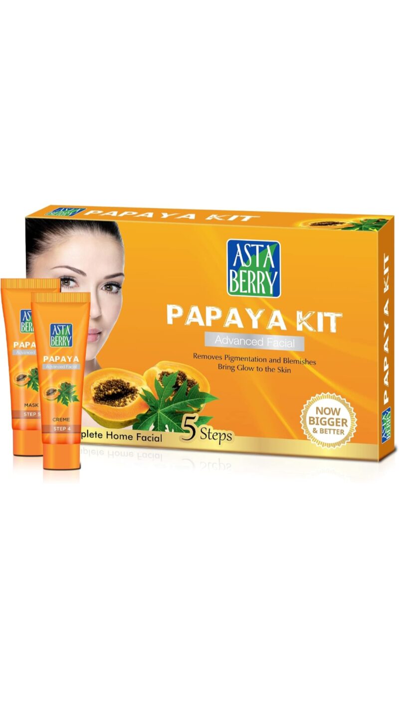 Astaberry Papaya Mini Facial Kit, 5 Step for Skin Brightening | Ultimate Glow | Reduce Pigmentation and Blemishes | Improve skin moisturization & Elasticity |100 gm
