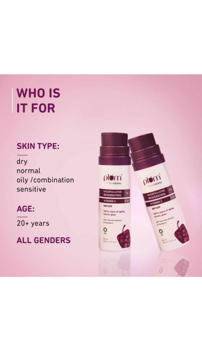 Plum 1% Encapsulated Resveratrol & 7.5% Vitamin C Face Serum | Fights Signs of Ageing | Boosts Collagen Production | Enhances Glow | Lightweight & Quick-absorbing | 100% Vegan | 30 ml - Image 3