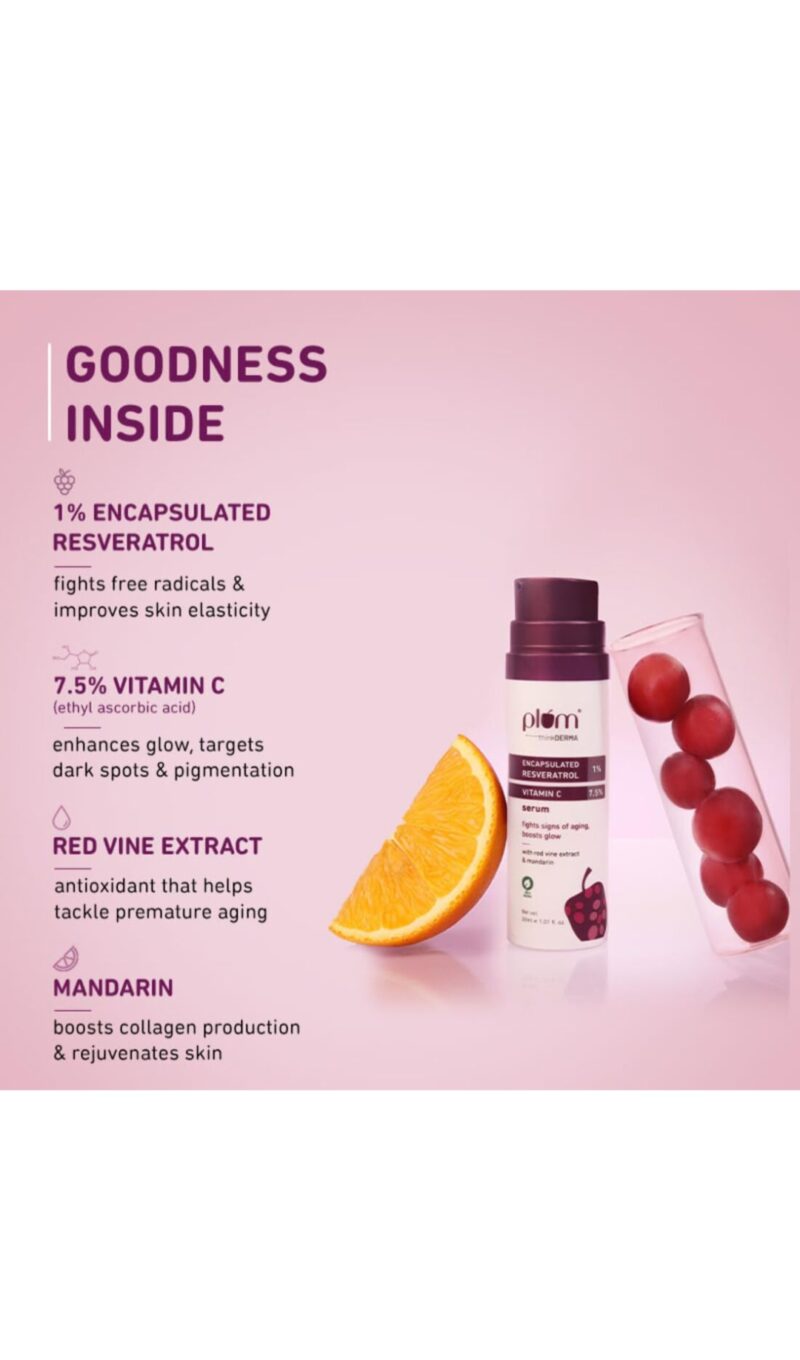 Plum 1% Encapsulated Resveratrol & 7.5% Vitamin C Face Serum | Fights Signs of Ageing | Boosts Collagen Production | Enhances Glow | Lightweight & Quick-absorbing | 100% Vegan | 30 ml - Image 4