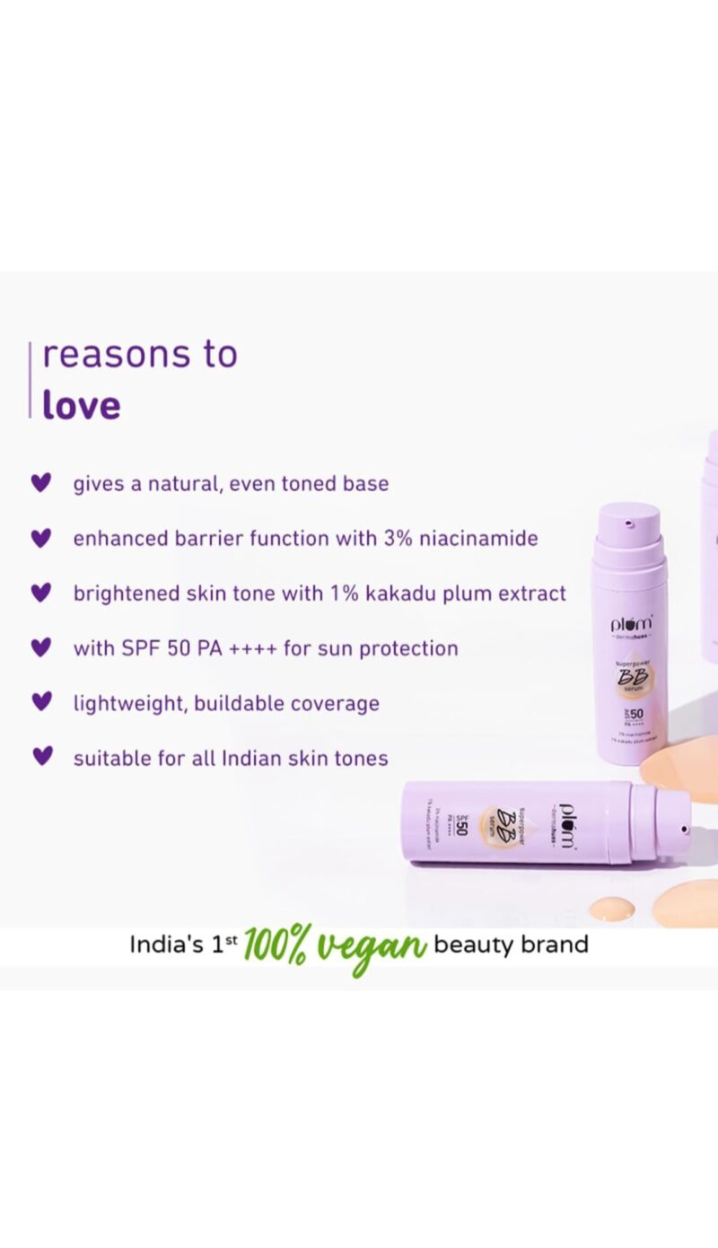 Plum Superpower BB Serum with SPF 50 PA ++++ | Natural Everyday Base | Evens Out Skin Tone | Buildable Coverage | With 3% Niacinamide | 100% Vegan & Cruelty Free | 30 ml - 04 Almond - Image 3