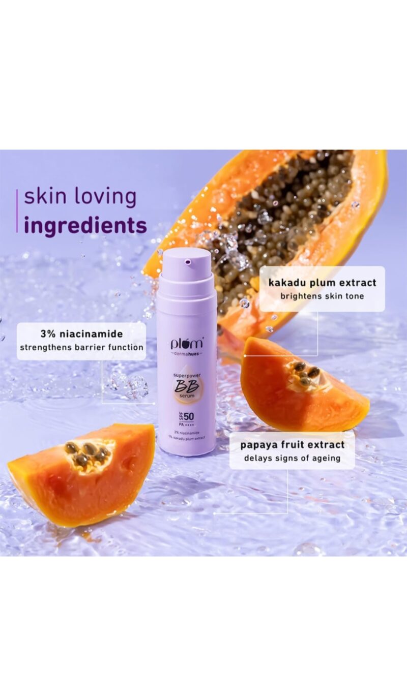 Plum Superpower BB Serum with SPF 50 PA ++++ | Natural Everyday Base | Evens Out Skin Tone | Buildable Coverage | With 3% Niacinamide | 100% Vegan & Cruelty Free | 30 ml - 04 Almond - Image 7