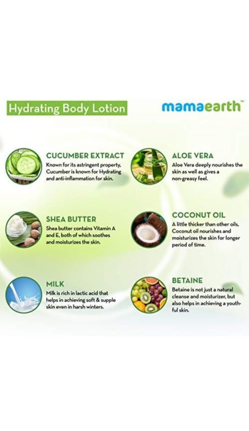 Mamaearth Hydrating Natural Body Lotion with Cucumber and Aloevera with Normal Skin for all Seasons for Men and Women (250 ml) - Image 3