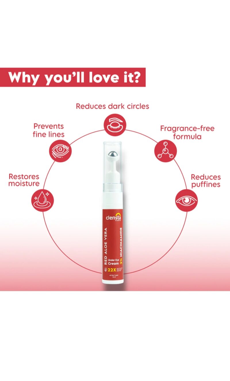 Clensta Red Aloe Vera Under Eye Cream with 2% Niacinamide – 15ml - Image 3