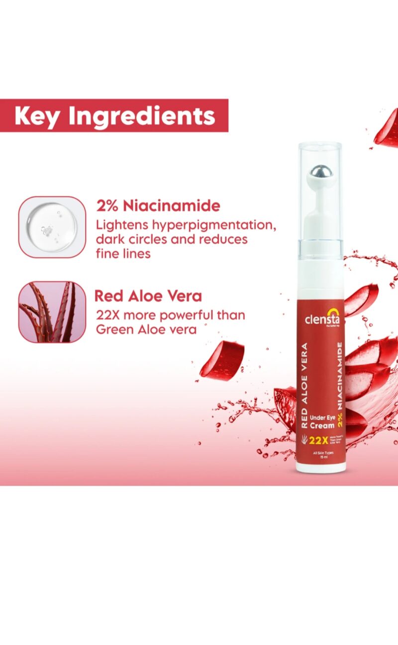 Clensta Red Aloe Vera Under Eye Cream with 2% Niacinamide – 15ml - Image 4