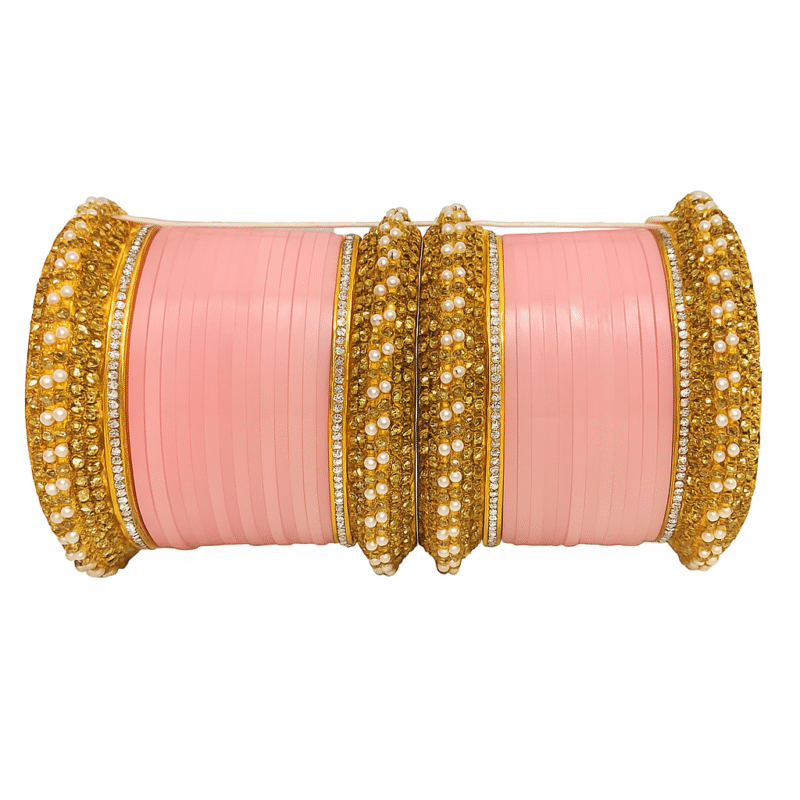 Elegant Pink & Gold Traditional Bridal Bangles Set – Pearl & Stone Work