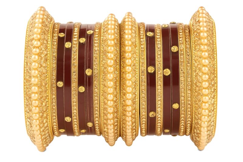 Maroon & Gold Traditional Bridal Bangle Set with Pearl Kada