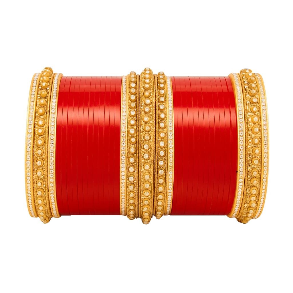 Red Bridal Glass Bangle Set with Golden Pearl Kada