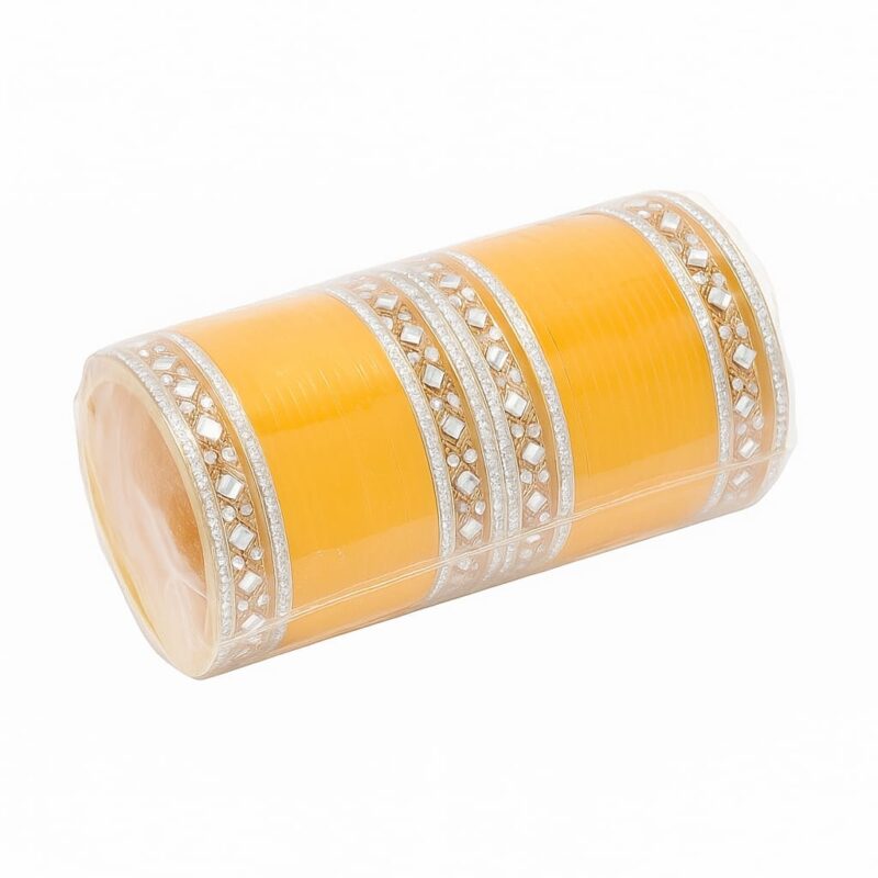 Traditional Yellow Glass Bangles with Stone-Studded Kada Set