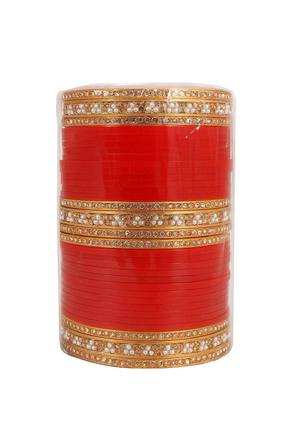 : Elegant Red Bridal Chura Set with Pearl and Stone Detailing