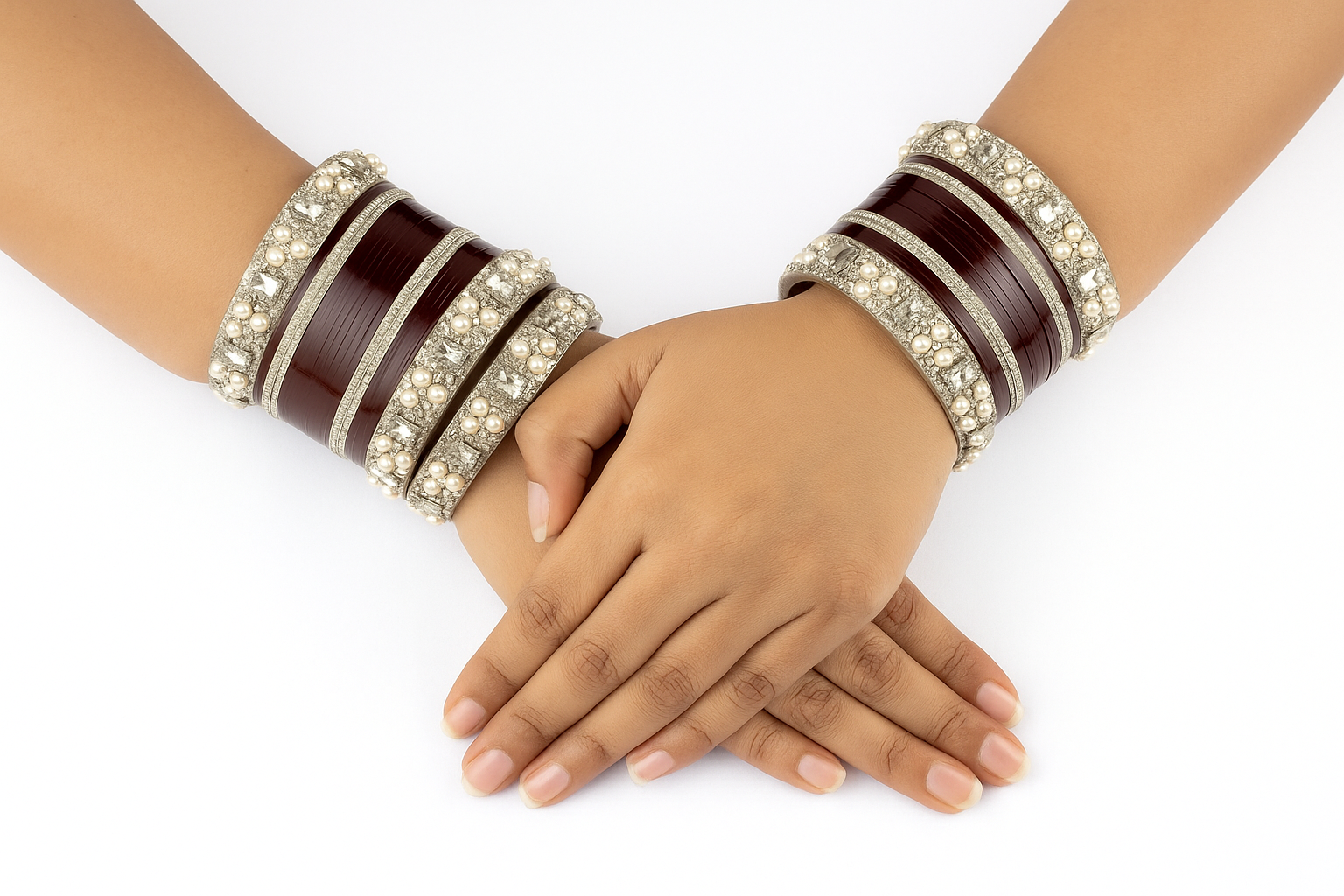 Maroon Bridal Bangles Set with Pearl & Stone Work – Traditional Wedding Jewelry