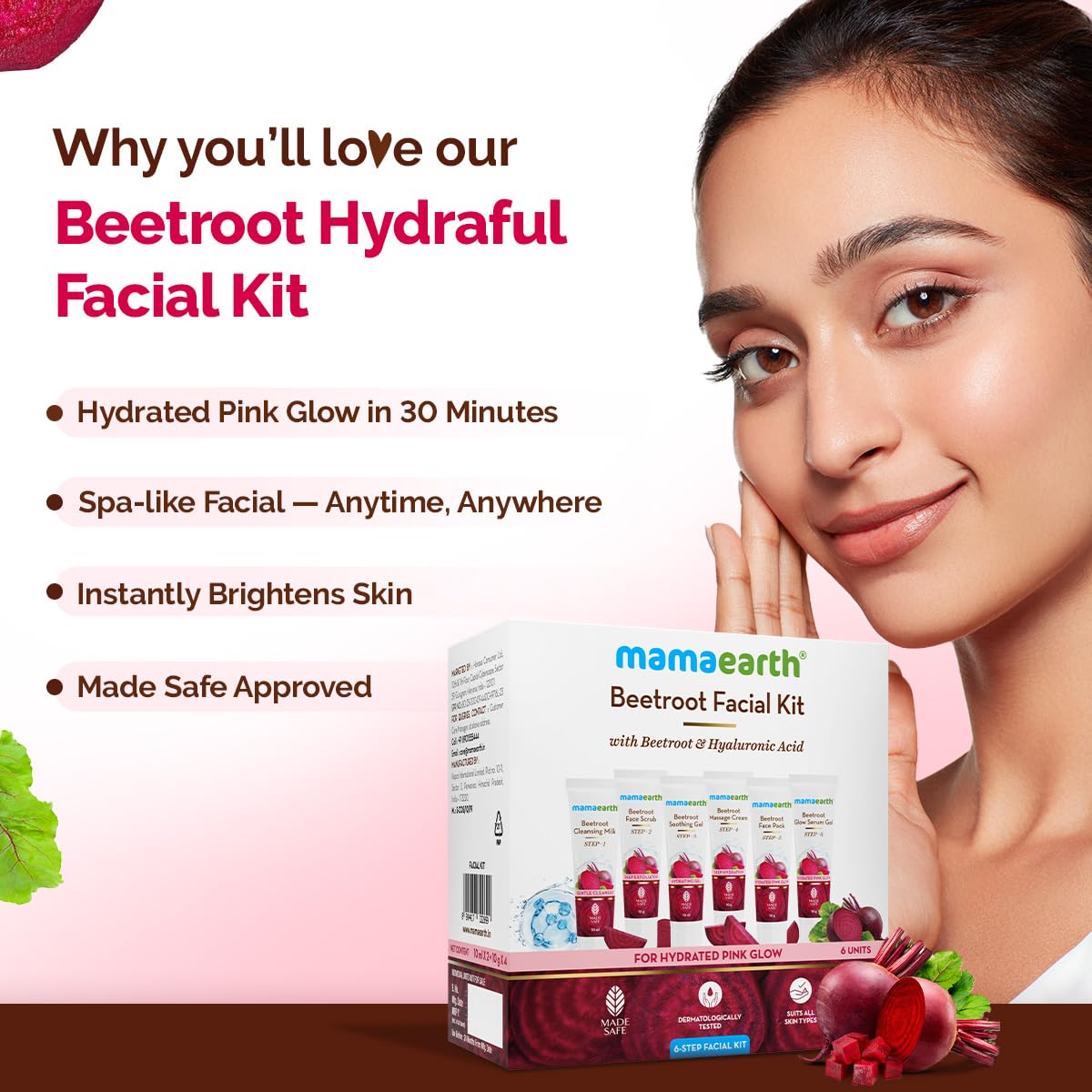 Mamaearth Beetroot Hydraful Facial Kit with Beetroot & Hyaluronic Acid - 2*10 ml + 4*10 g Hydrated Pink Glow in 30 Minutes | Spa-like Facial - Anytime, Anywhere | Instantly Brightens Skin | Made Safe - Image 2