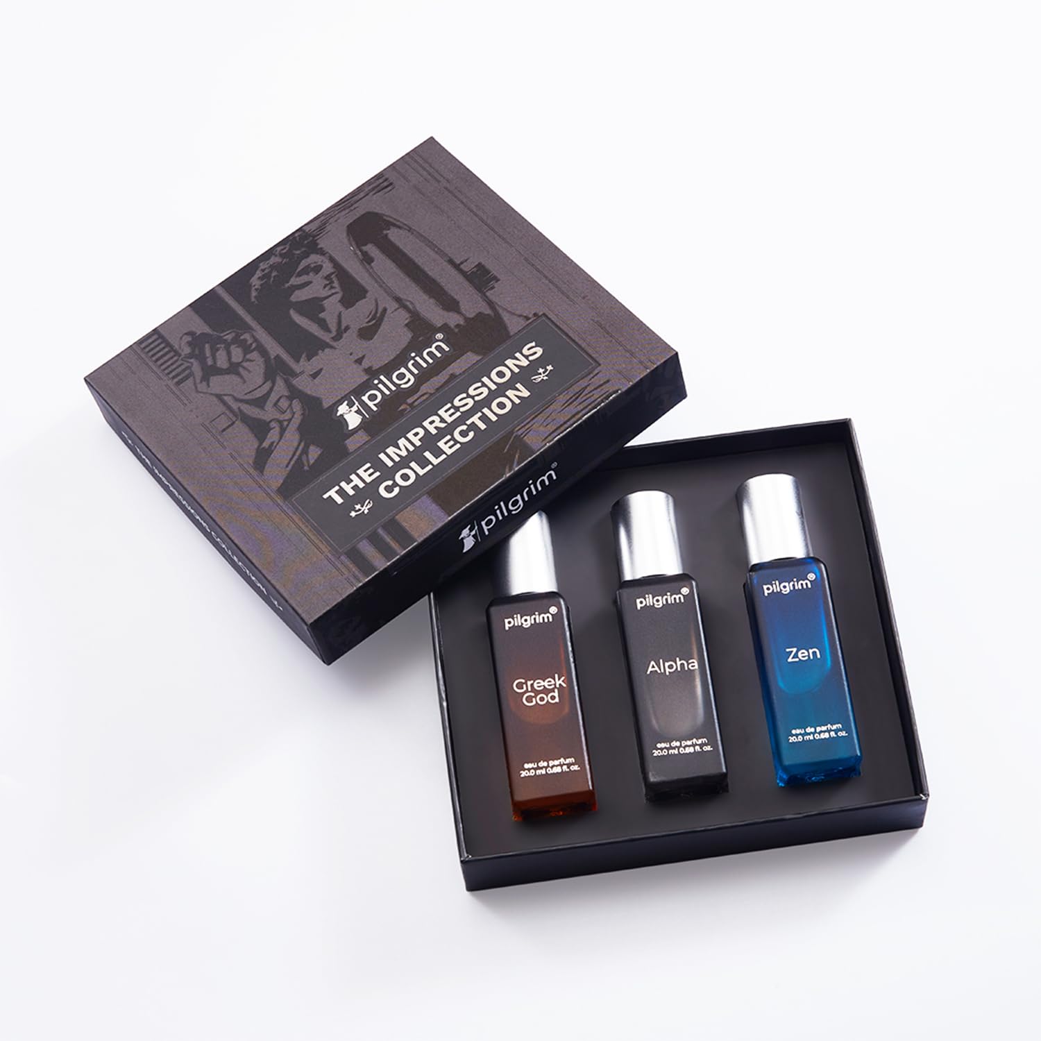 Pilgrim Men Mix The Impressions Collection 3 In 1(3X20Ml) Gift Box Perfume(Eau De Parfum)Long Lasting Perfume With Spicy, Woody & Aquatic Fragrance Spray|Designed In France| Alpha, Greek God & Zen