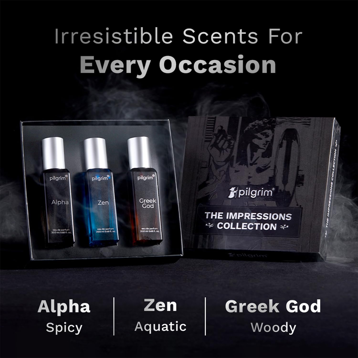 Pilgrim Men Mix The Impressions Collection 3 In 1(3X20Ml) Gift Box Perfume(Eau De Parfum)Long Lasting Perfume With Spicy, Woody & Aquatic Fragrance Spray|Designed In France| Alpha, Greek God & Zen - Image 2