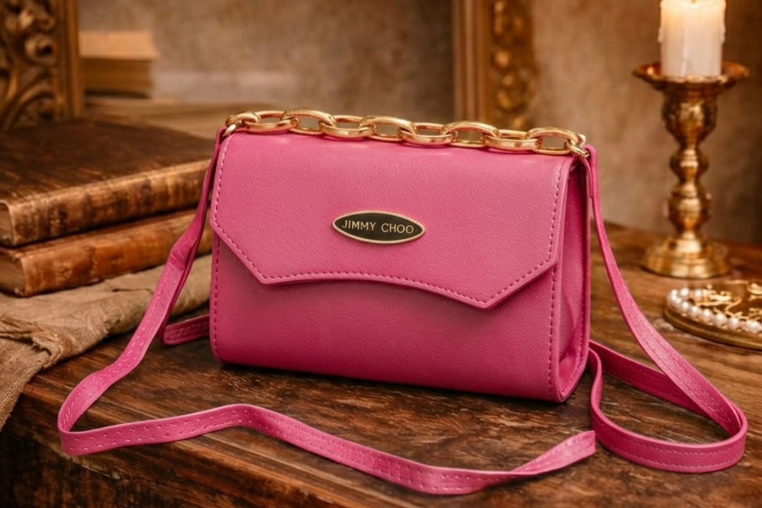 Stylish Pink Sling Bag for Women with Gold Chain Strap